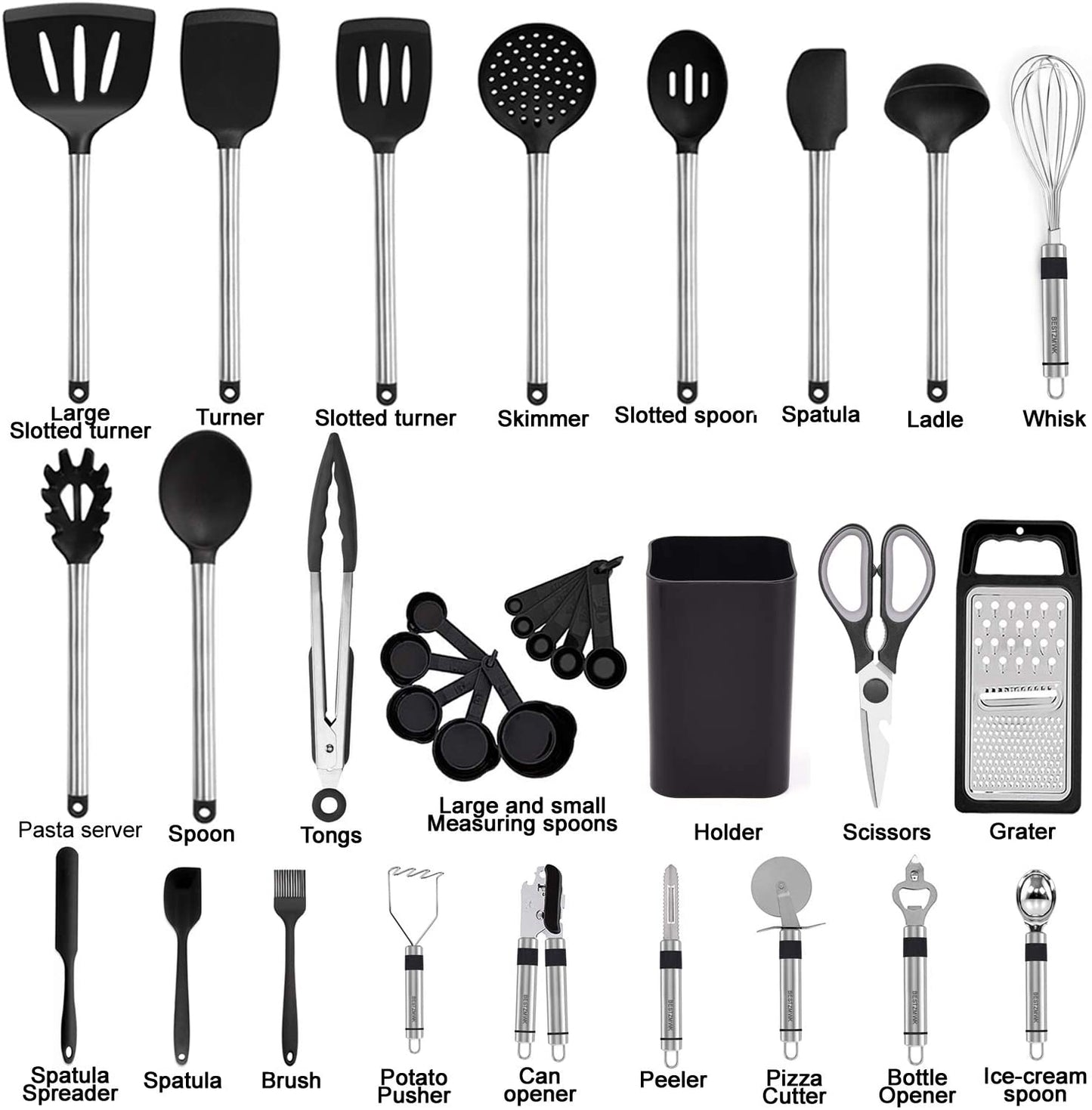 Kitchen Utensil Set-Silicone Cooking Utensils-33 Kitchen Gadgets & Spoons for Nonstick Cookware-Silicone and Stainless Steel Spatula Set-Best Kitchen Tools, Useful Pots and Pans Accessories