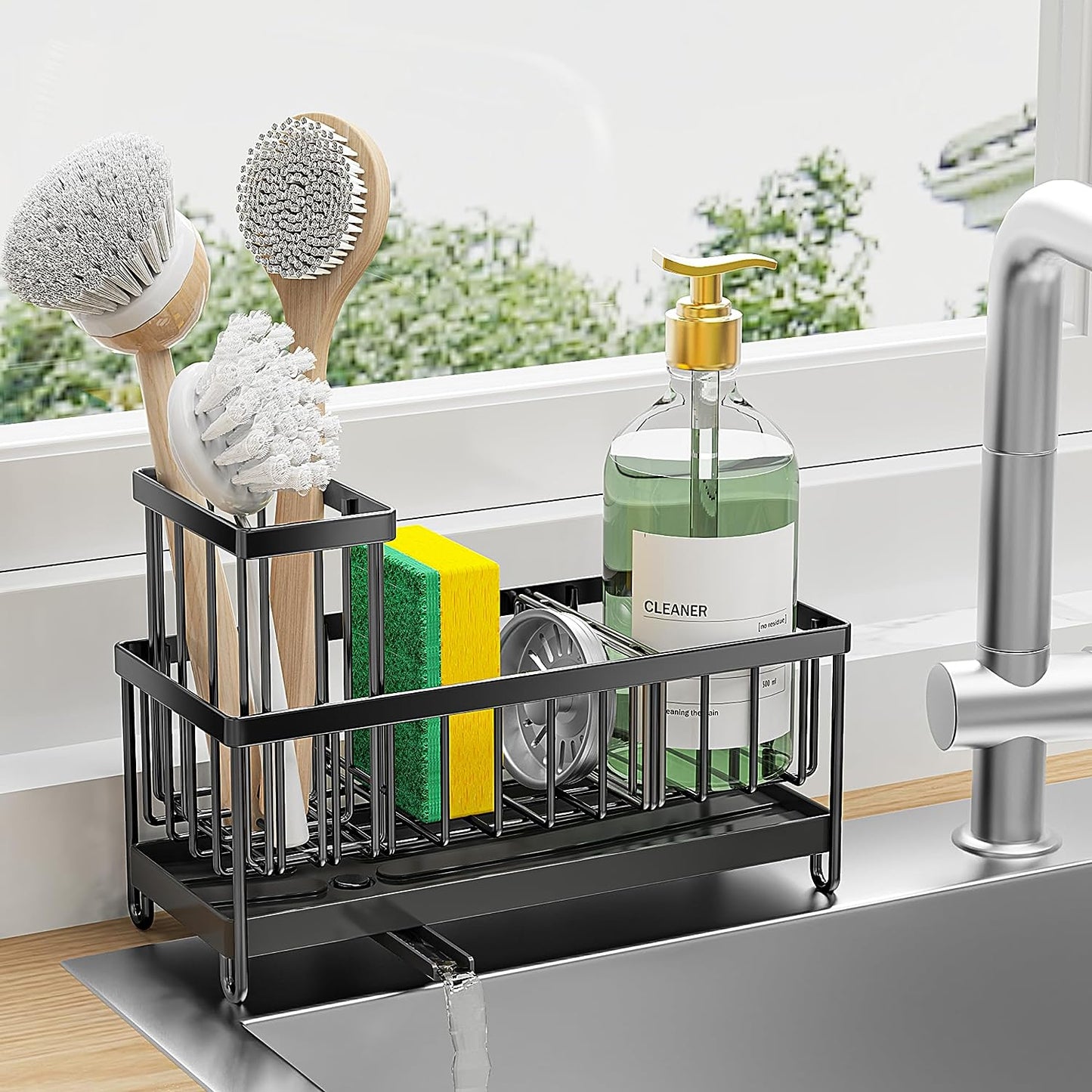 Professional Kitchen Sink Organizer with Brush Holder, Rustproof 304 Stainless Steel Caddy, and Soap Dispenser