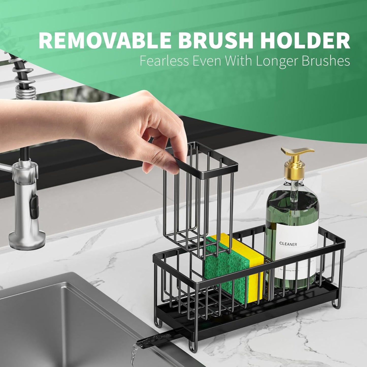 Professional Kitchen Sink Organizer with Brush Holder, Rustproof 304 Stainless Steel Caddy, and Soap Dispenser