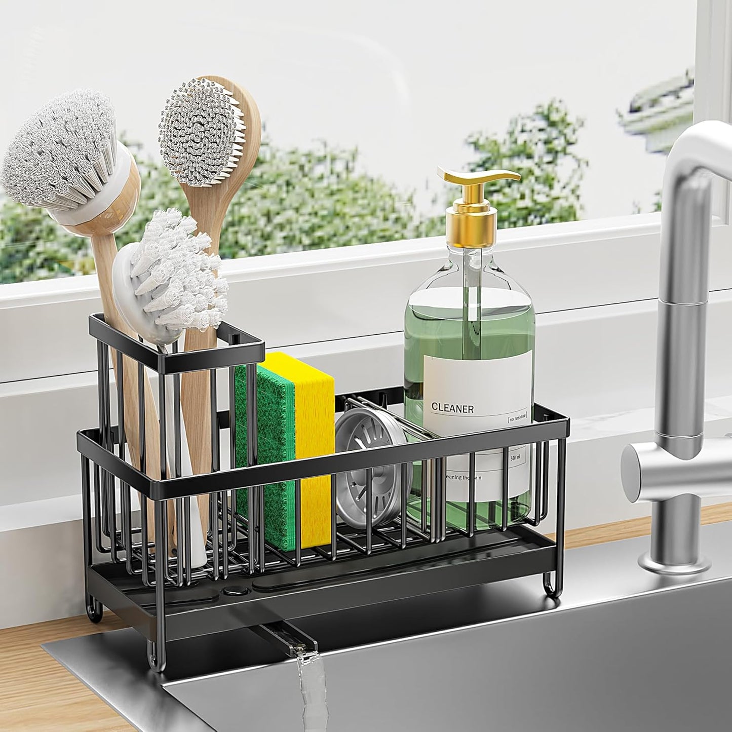 Professional Kitchen Sink Organizer with Brush Holder, Rustproof 304 Stainless Steel Caddy, and Soap Dispenser