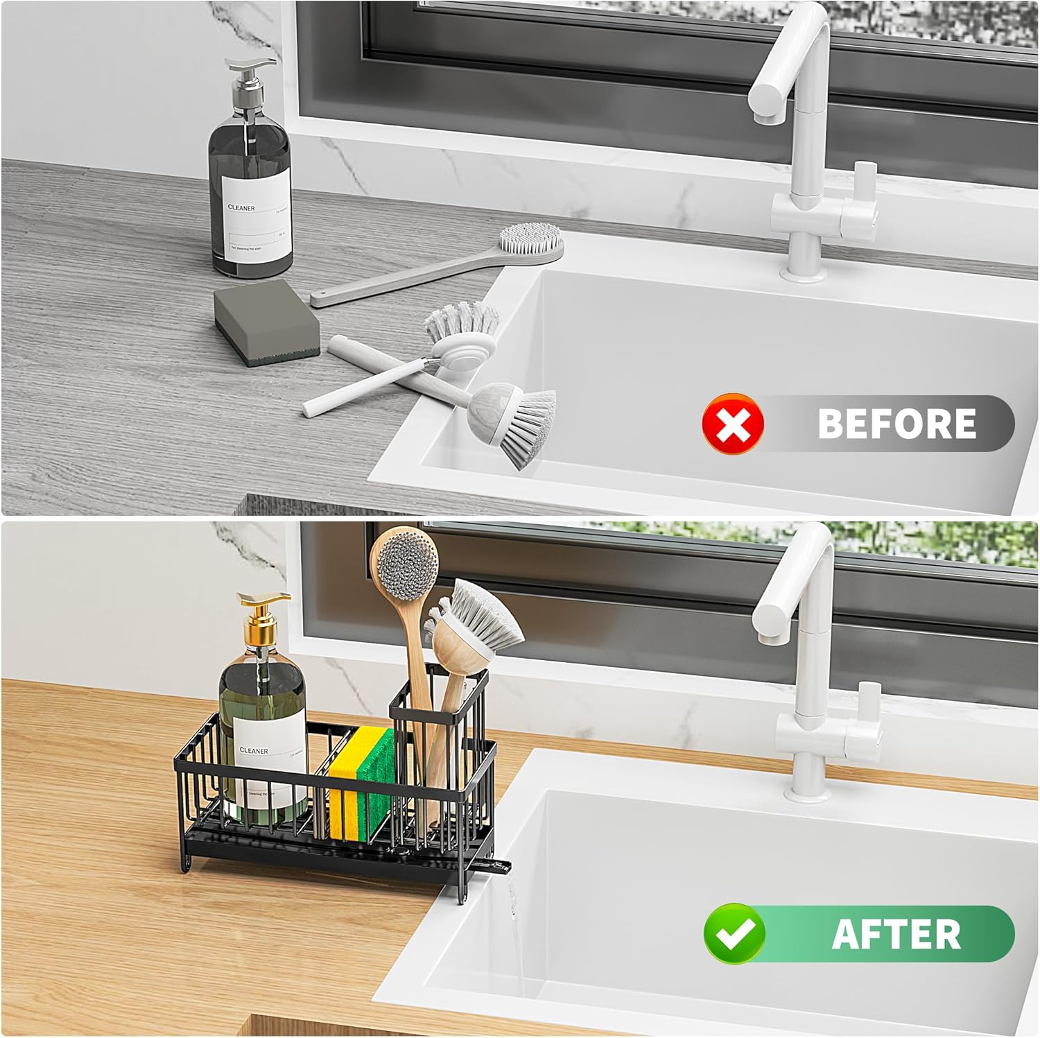 Professional Kitchen Sink Organizer with Brush Holder, Rustproof 304 Stainless Steel Caddy, and Soap Dispenser